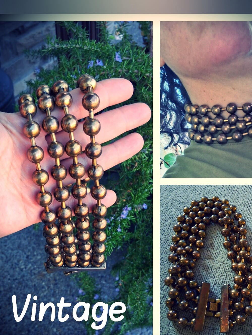 Vintage multi-strand bronze ball chain choker necklace